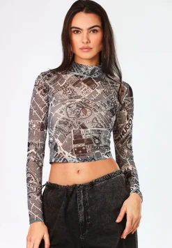 Bedrucktes Cropped-Longsleeve aus Stretch-Mesh