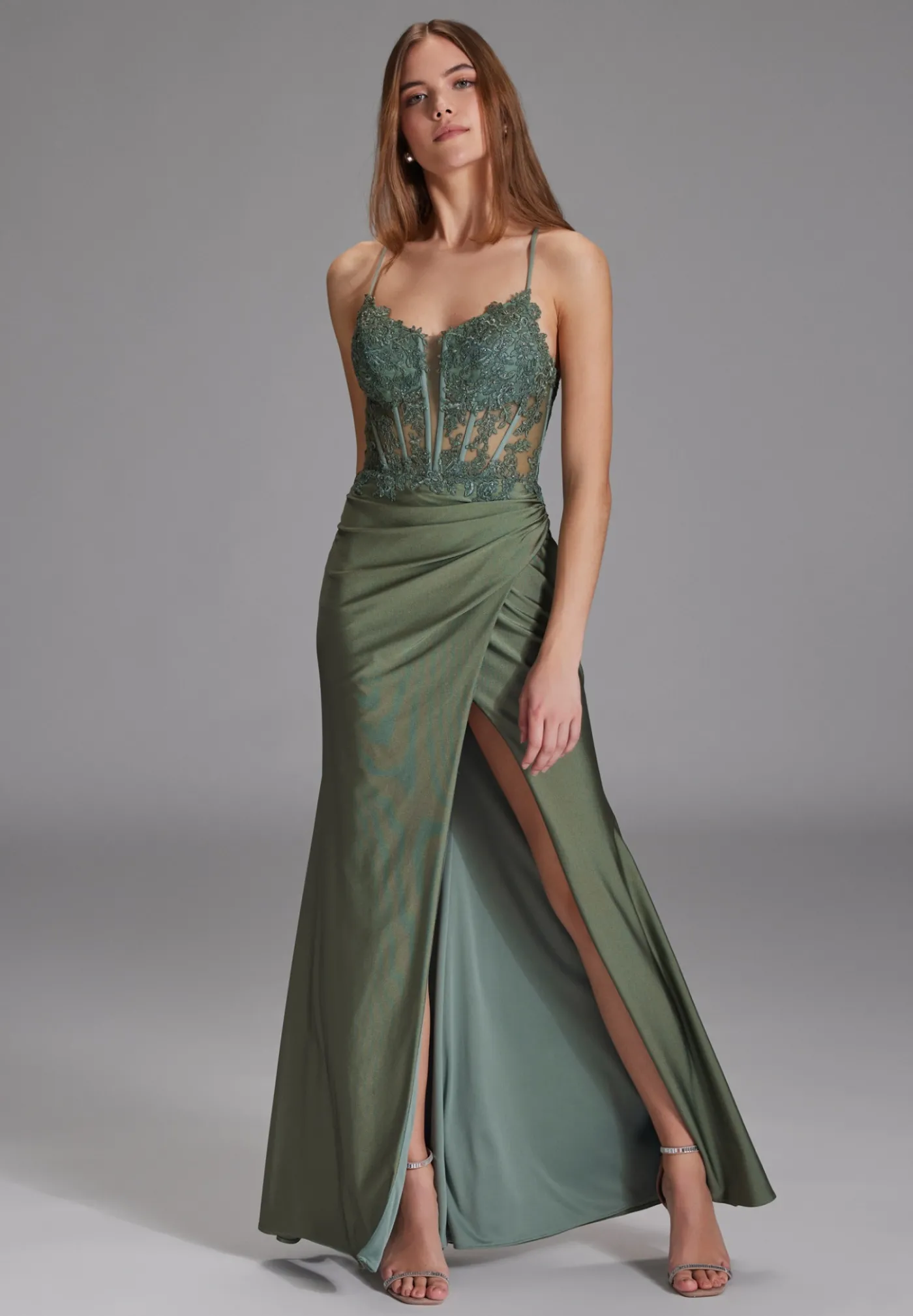 Bodycon Kleid mit Spitzenstickerei und Beinschlitz