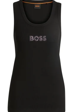 Geripptes Tanktop aus Stretch-Baumwolle mit kristallbesetztem Logo-Aufnäher