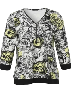 Print-Sweatshirt mit Zier-Zipper am V-Ausschnitt