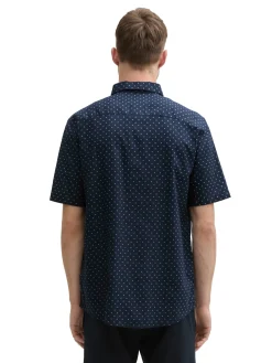 Regular Fit Kurzarmhemd mit Leinenanteil im Pünktchen-Muster