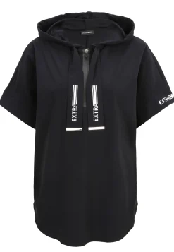 Shirt aus elastischer Wirkware mit Hoody, Reißverschluss, dekorativen Motivprints und kurzem Arm