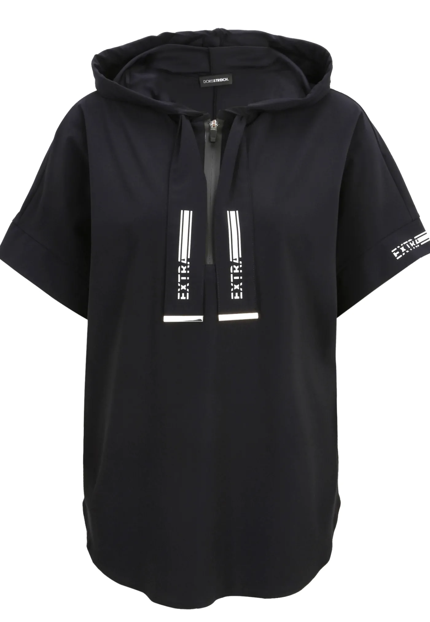 Shirt aus elastischer Wirkware mit Hoody, Reißverschluss, dekorativen Motivprints und kurzem Arm